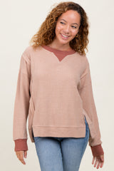 Mocha Oversized Contrast Trim Maternity Thermal Pullover