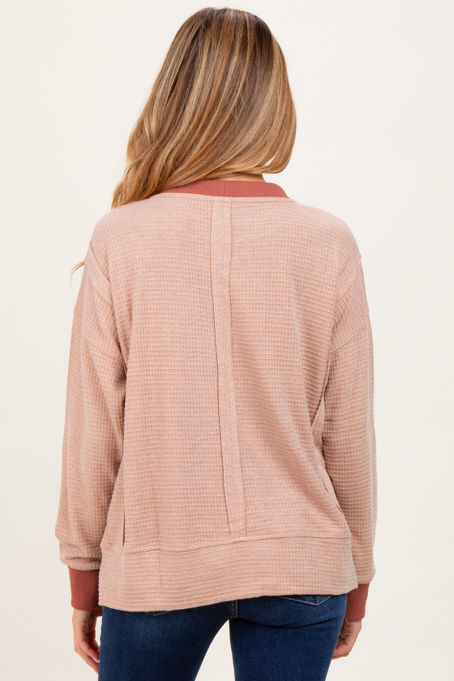 Mocha Oversized Contrast Trim Maternity Thermal Pullover