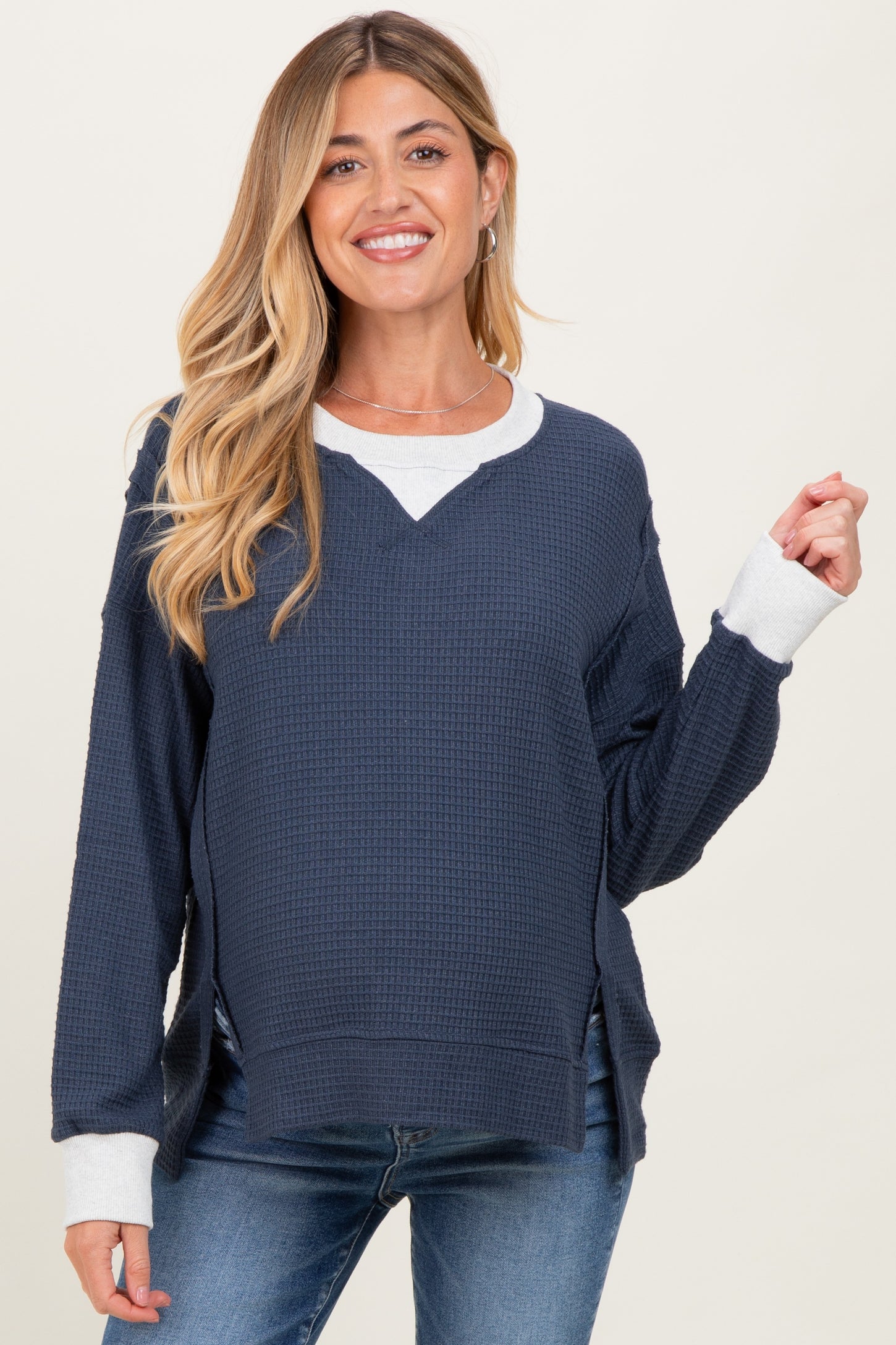 Navy Oversized Contrast Trim Maternity Thermal Pullover