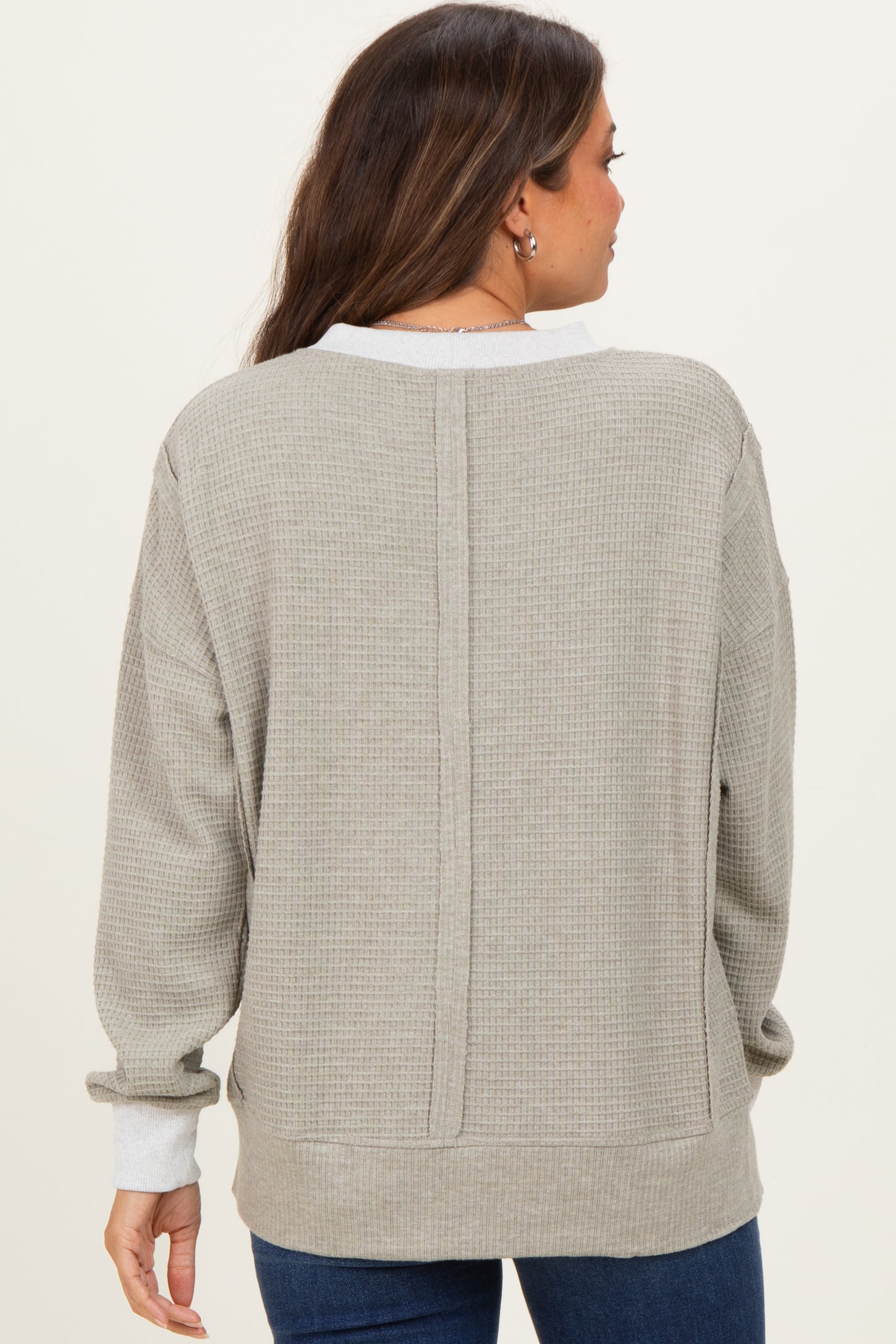 Light Olive Oversized Contrast Trim Maternity Thermal Pullover