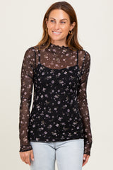 Black Floral Mock Neck Sheer Mesh Maternity Long Sleeve Top