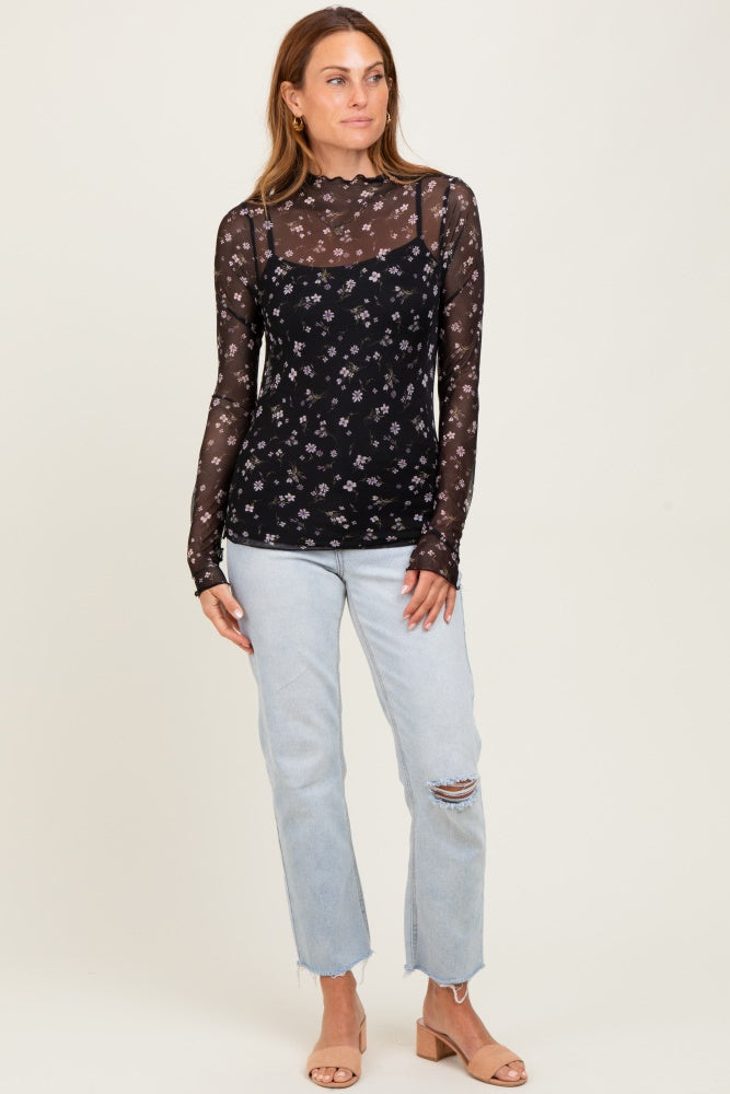 Black Floral Mock Neck Sheer Mesh Long Sleeve Top