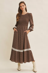 Brown Floral Smocked Crochet Lace Accent Maternity Maxi Dress