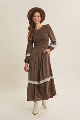 Brown Floral Smocked Crochet Lace Accent Maxi Dress