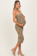 Olive Brushed Print Ruched Maternity Midi Dress