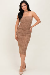 Mocha Brushed Print Ruched Midi Dress