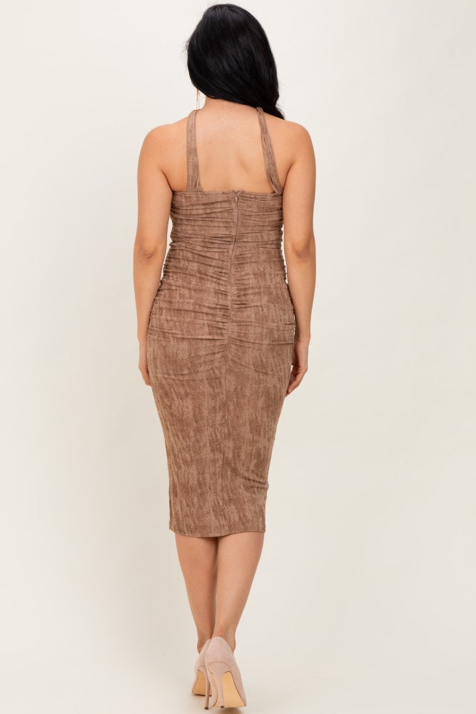 Mocha Brushed Print Ruched Midi Dress