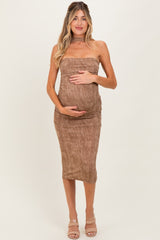 Mocha Brushed Print Ruched Maternity Midi Dress