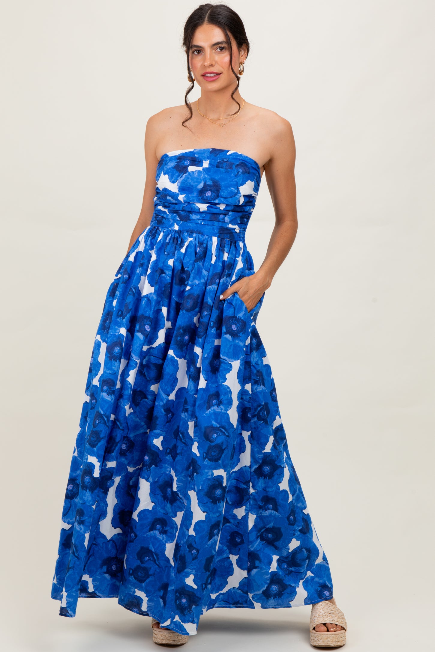 Royal Blue Floral Strapless Maxi Dress