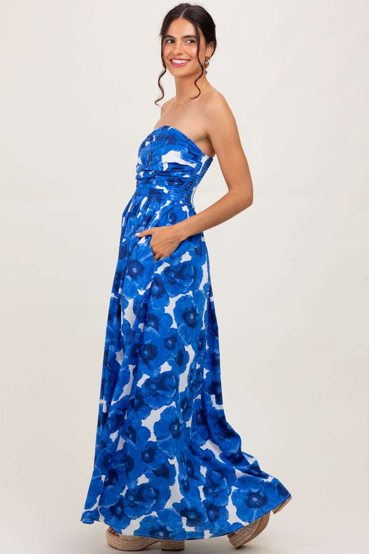 Royal Blue Floral Strapless Maxi Dress