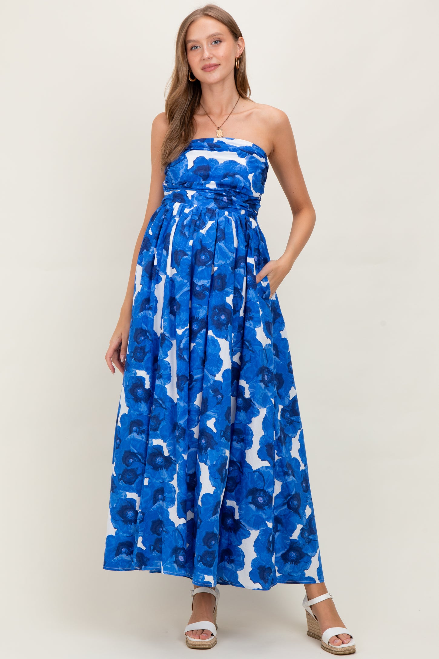 Royal Blue Floral Strapless Maternity Maxi Dress