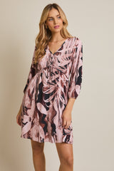 Light Pink Printed V-Neck Front Tie 3/4 Sleeve Mini Dress