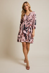 Light Pink Printed V-Neck Front Tie 3/4 Sleeve Mini Dress