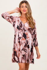 Light Pink Printed V-Neck Front Tie 3/4 Sleeve Maternity Mini Dress
