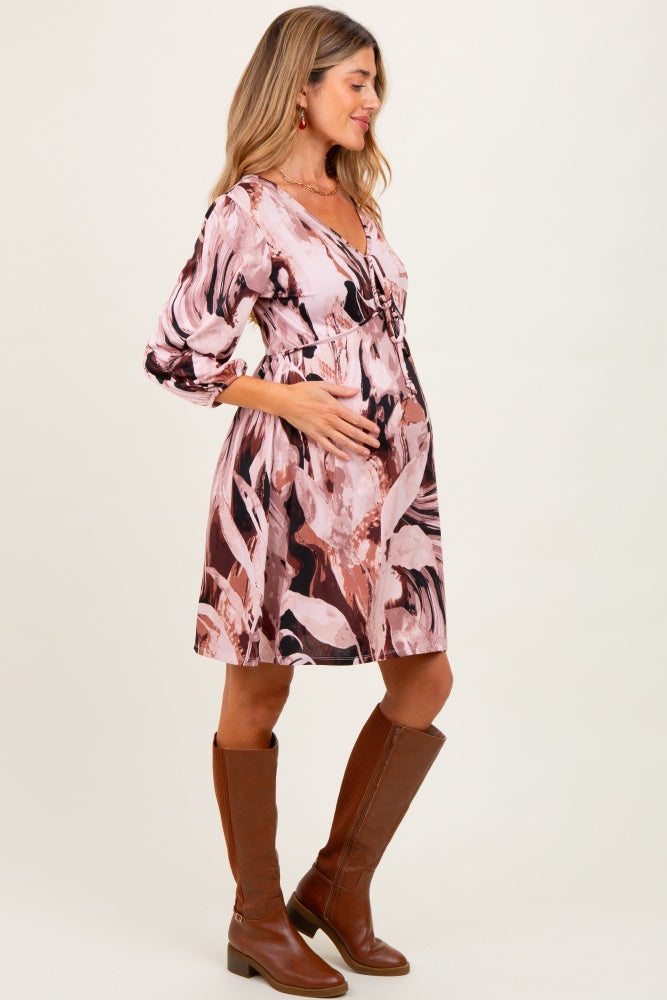 Light Pink Printed V-Neck Front Tie 3/4 Sleeve Maternity Mini Dress