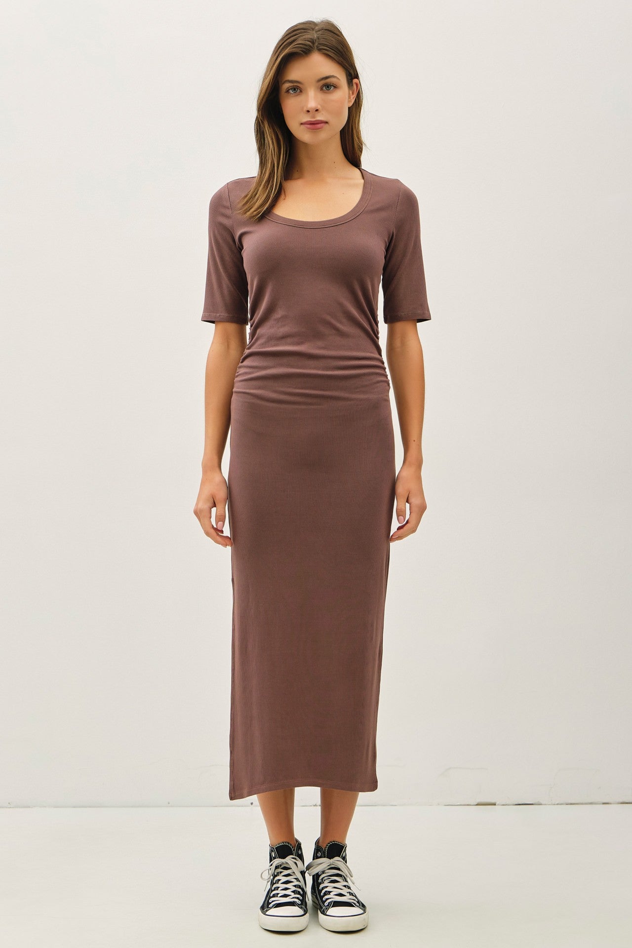 Brown Ruched Short Sleeve Side Slit Maternity Midi Dress
