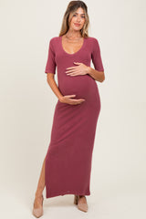 Mauve Ruched Short Sleeve Side Slit Maternity Midi Dress