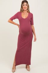 Mauve Ruched Short Sleeve Side Slit Maternity Midi Dress