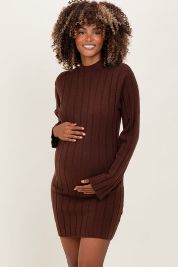 Brown Wide Rib Mock Neck Maternity Sweater Mini Dress