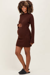 Brown Wide Rib Mock Neck Maternity Sweater Mini Dress