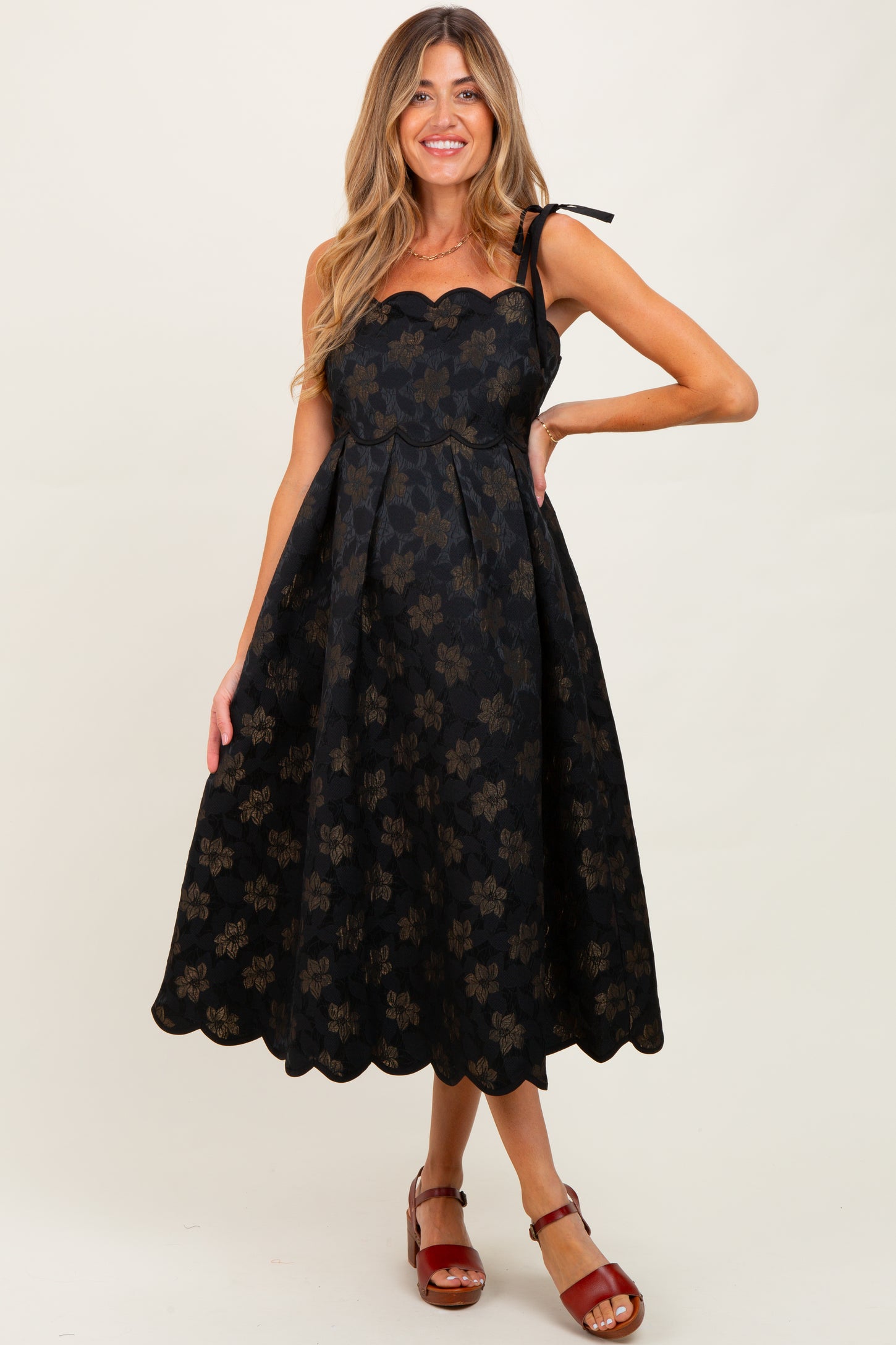 Black Floral Jacquard Shoulder Tie Maternity Midi Dress
