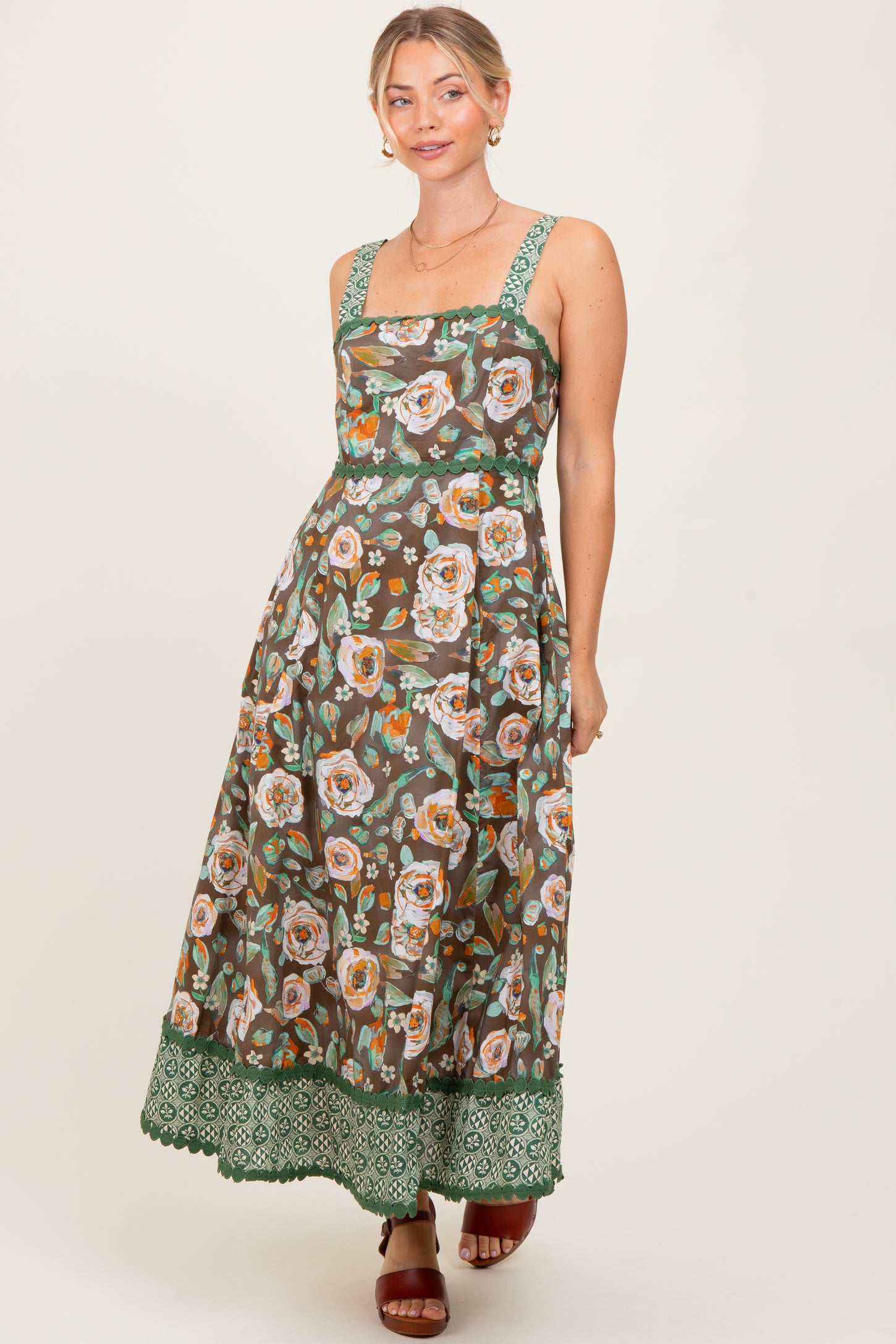 Brown Floral Contrast Print Sleeveless Maternity Midi Dress