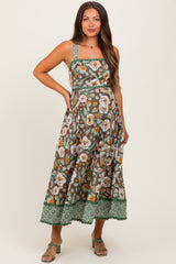 Brown Floral Contrast Print Sleeveless Maternity Midi Dress