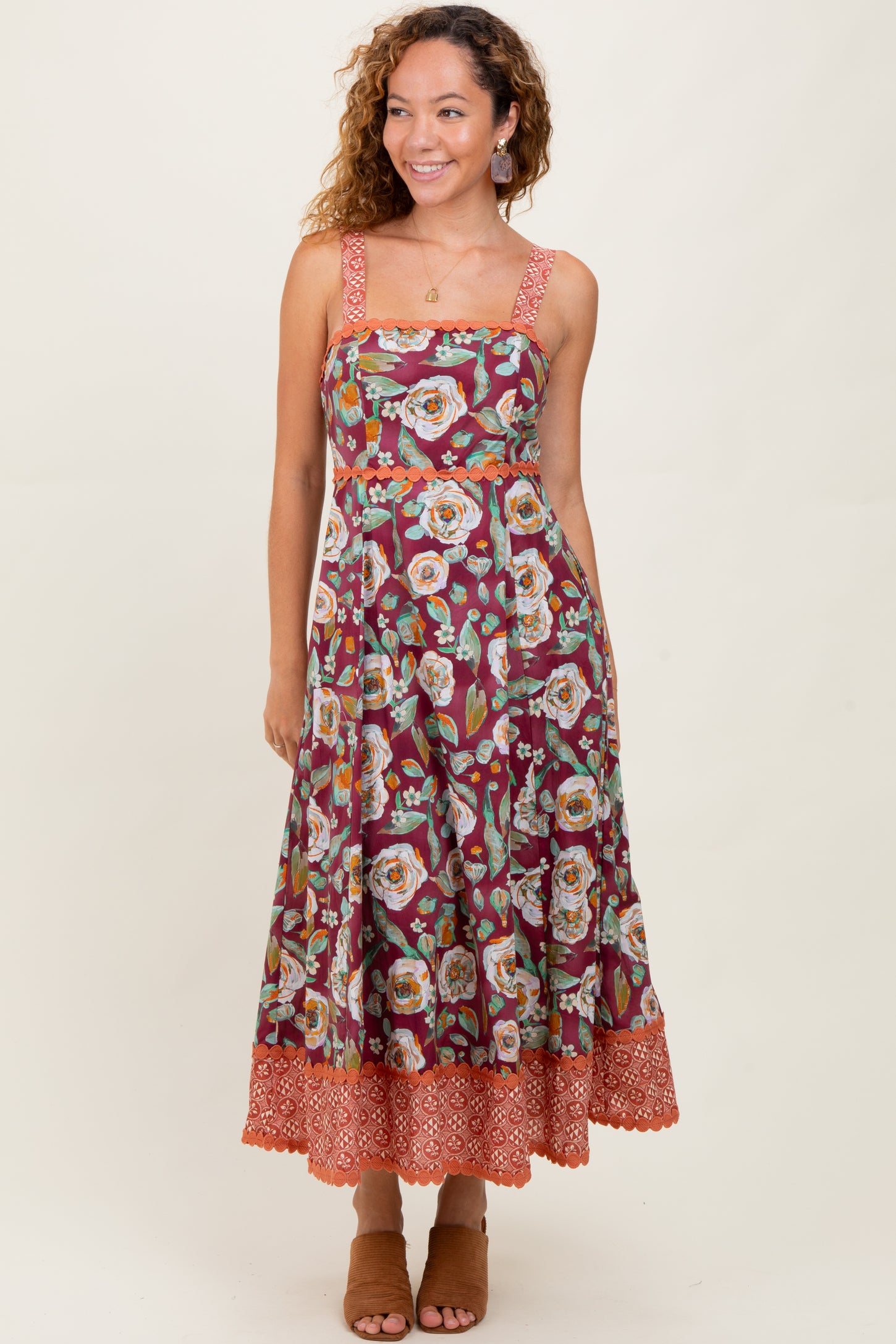 Burgundy Floral Contrast Print Sleeveless Midi Dress