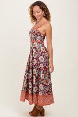 Burgundy Floral Contrast Print Sleeveless Midi Dress