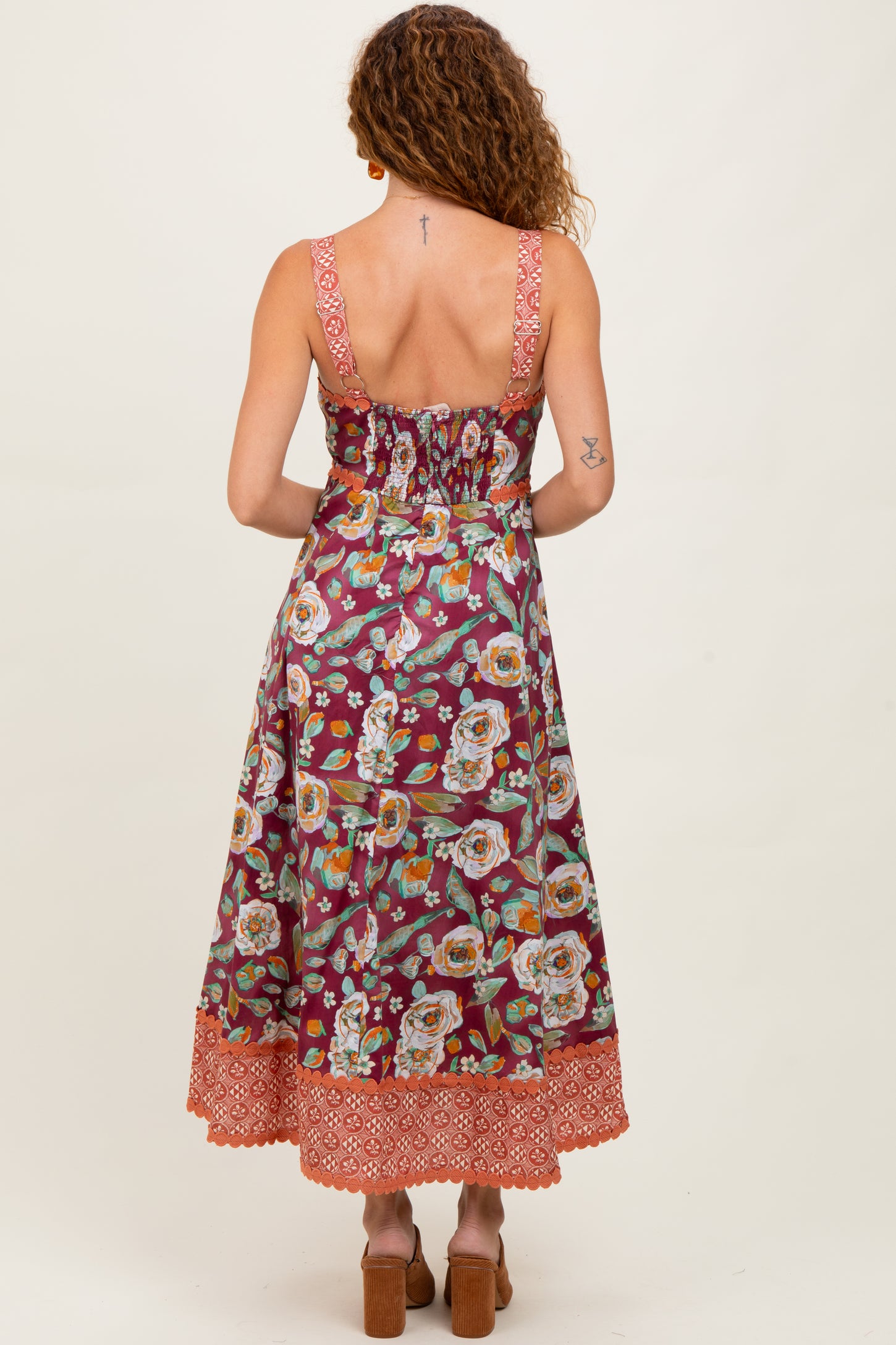 Burgundy Floral Contrast Print Sleeveless Midi Dress