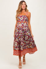Burgundy Floral Contrast Print Sleeveless Maternity Midi Dress