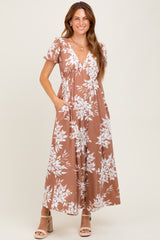 Mocha Floral Print Short Sleeve V-Neck Maxi Dress