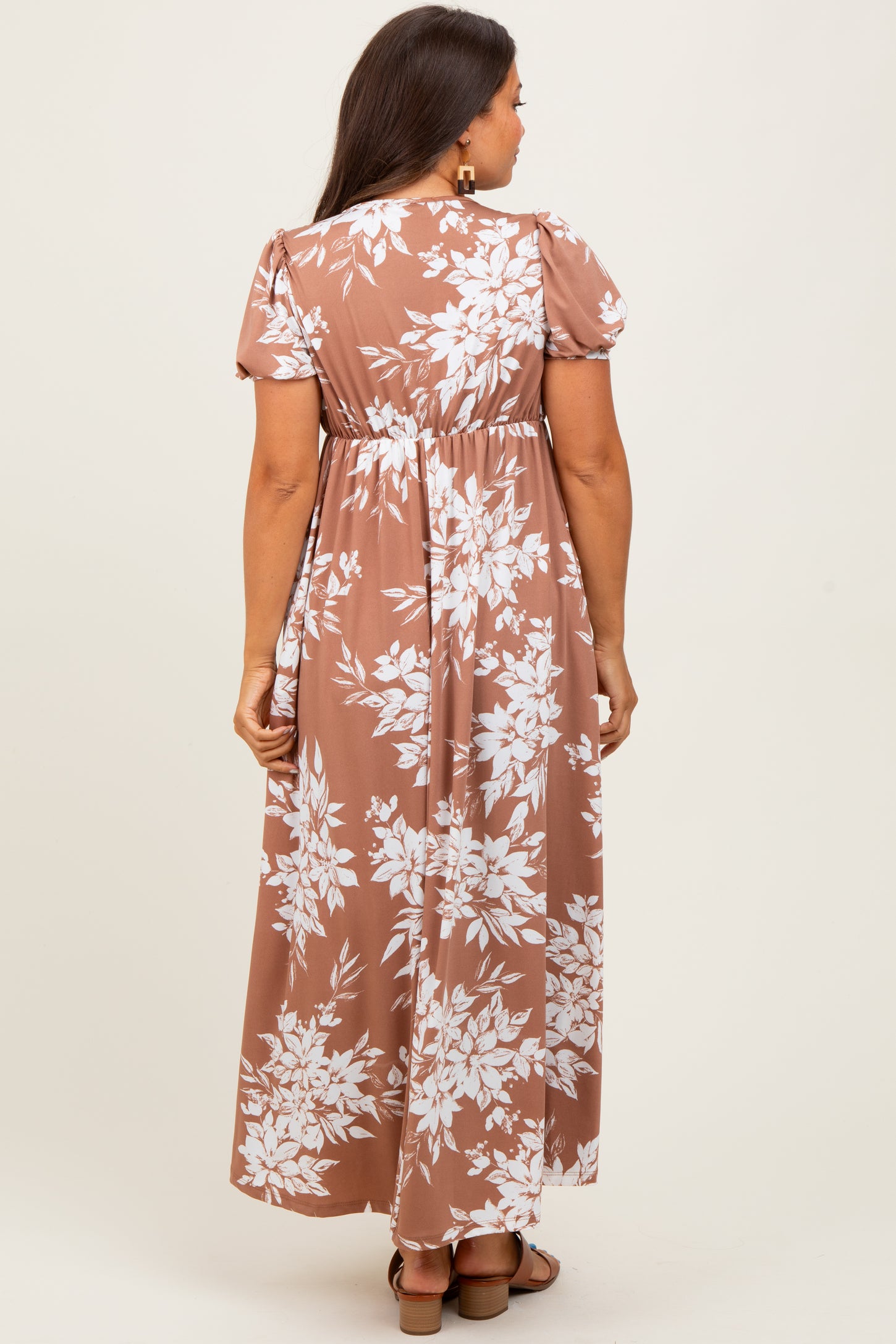 Mocha Floral Print Short Sleeve V-Neck Maternity Maxi Dress