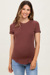Brown Ribbed Short Sleeve Curved Hem Maternity Top