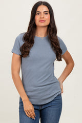 Blue Ribbed Short Sleeve Curved Hem Top