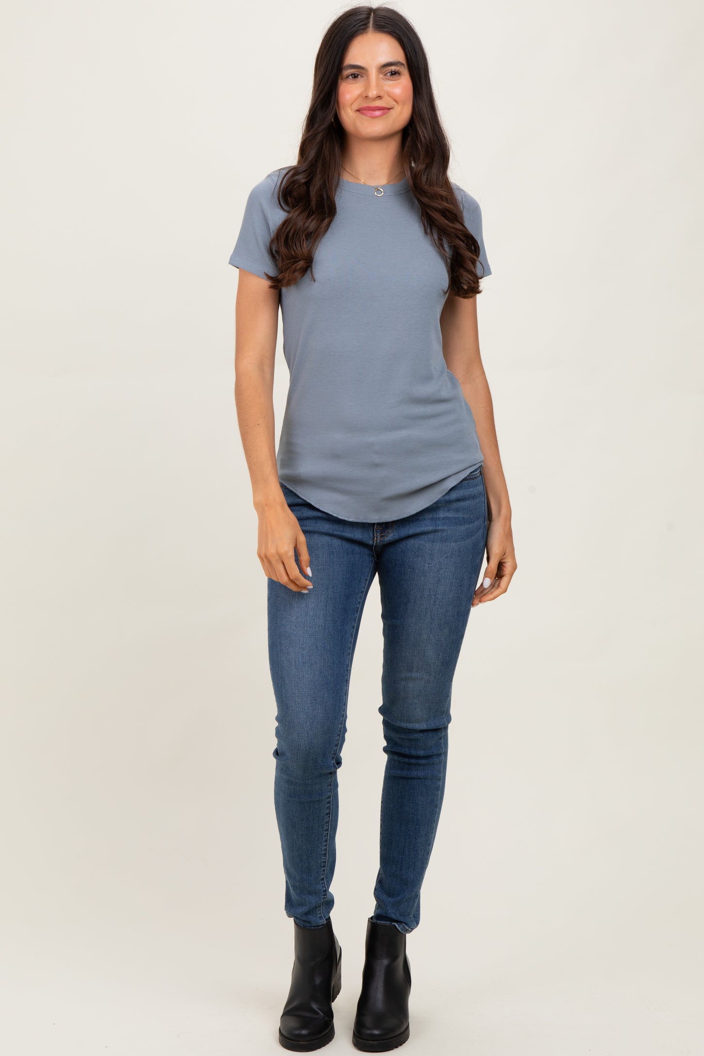 Blue Ribbed Short Sleeve Curved Hem Top