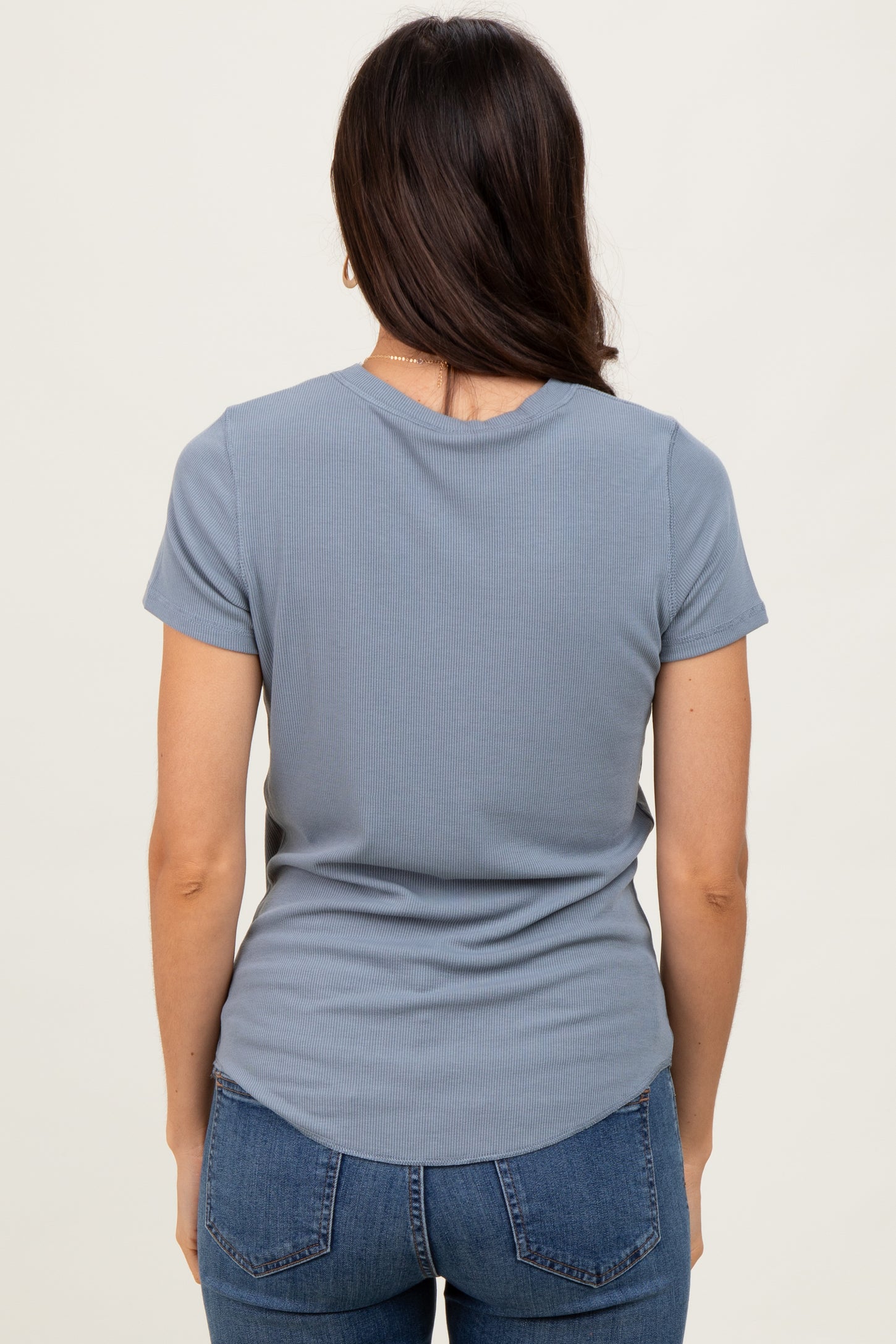 Blue Ribbed Short Sleeve Curved Hem Top