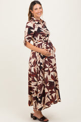 Brown Leaf Print Maternity Maxi Shirt Dress