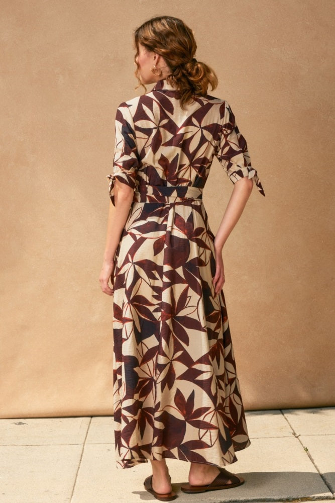 Brown Leaf Print Maxi Shirt Dress