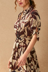 Brown Leaf Print Maxi Shirt Dress