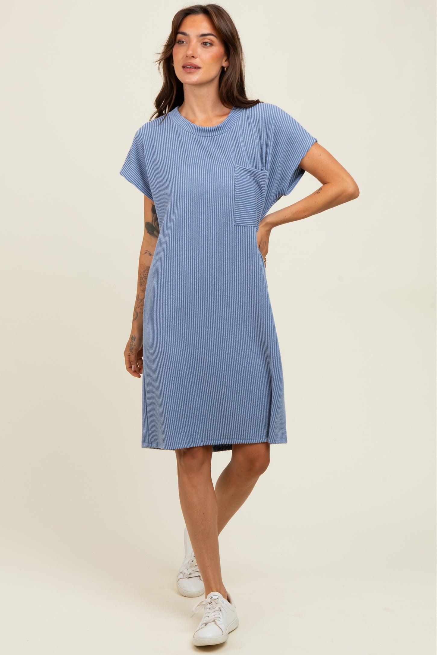 Blue Ribbed Front Pocket Dolman Short Sleeve Dress