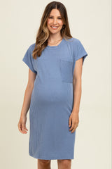 Blue Ribbed Front Pocket Dolman Short Sleeve Maternity Dress