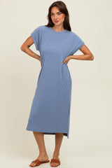 Blue Ribbed Short Sleeve Midi Dress
