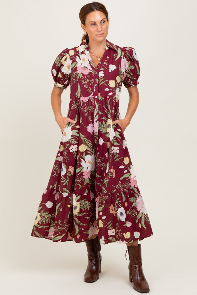 Burgundy Floral Puff Sleeve Button Down Midi Dress