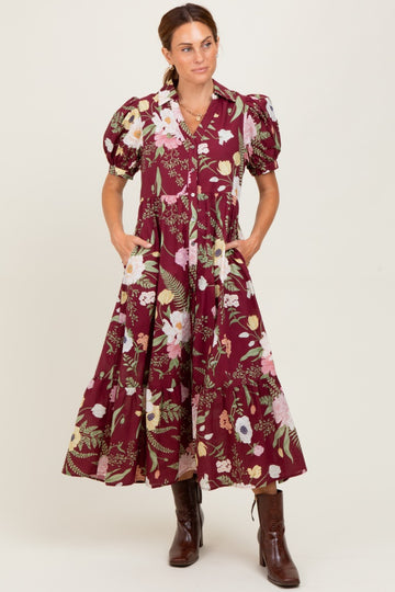 Burgundy Floral Puff Sleeve Button Down Midi Dress