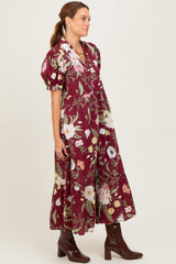 Burgundy Floral Puff Sleeve Button Down Midi Dress