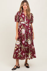 Burgundy Floral Puff Sleeve Button Down Maternity Midi Dress