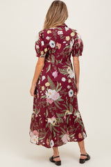 Burgundy Floral Puff Sleeve Button Down Maternity Midi Dress