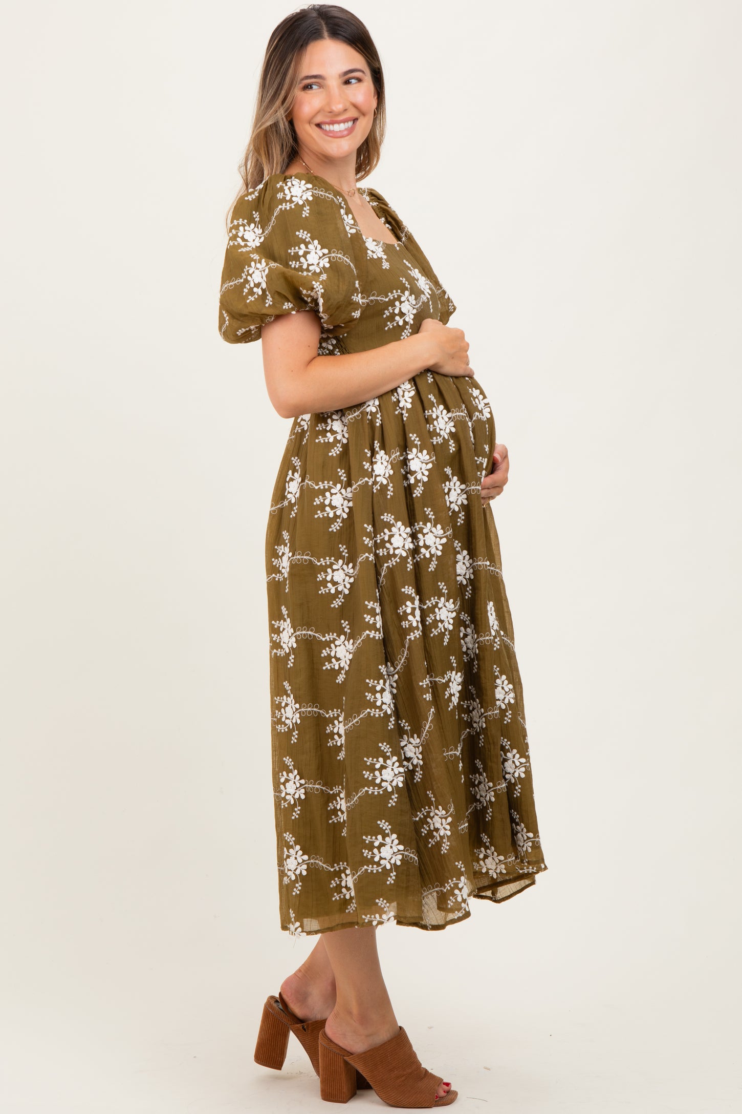 Dark Olive Textured Maternity Midi Dress