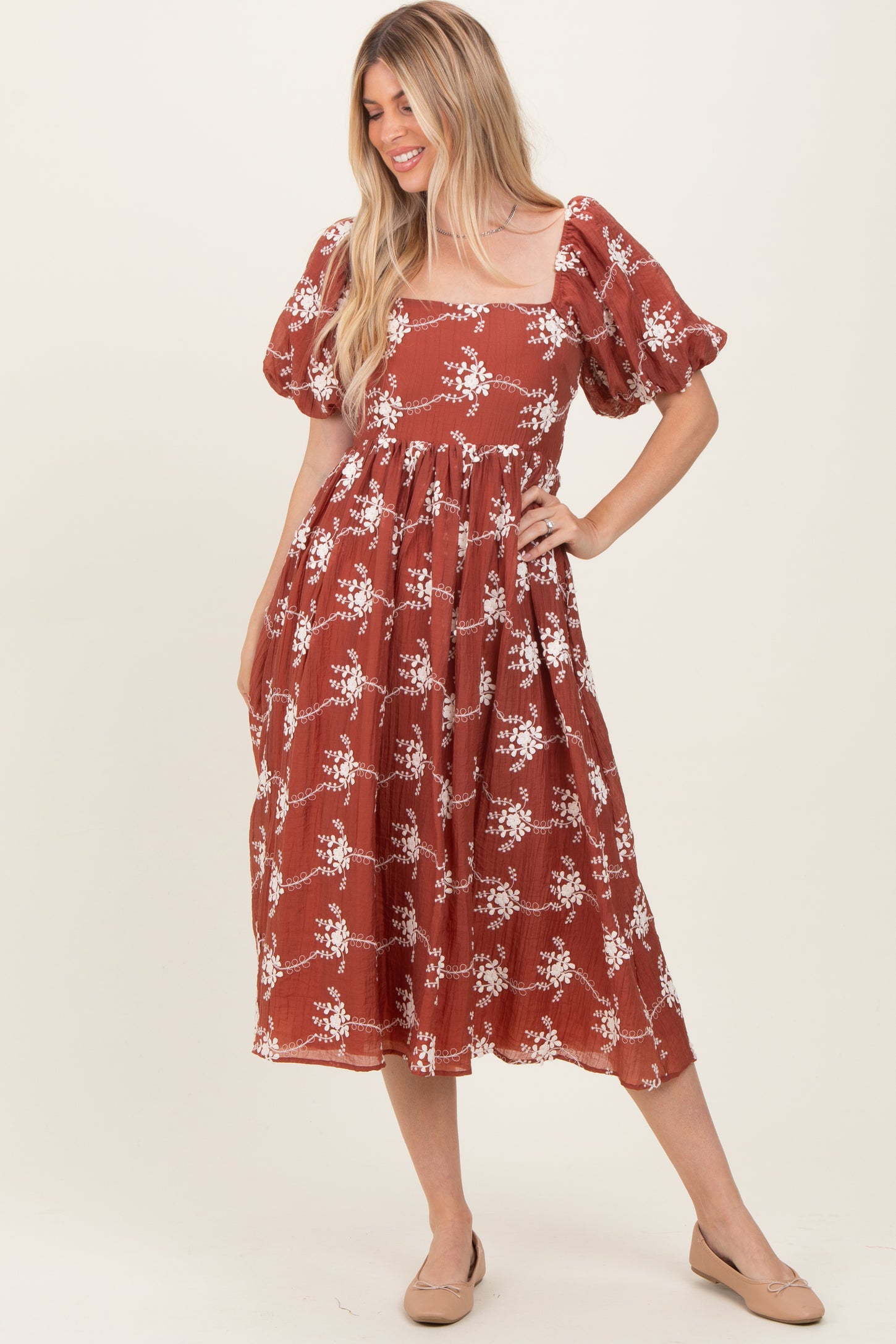 Rust Textured Midi Dress